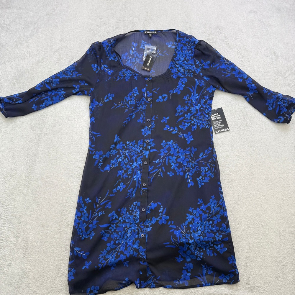 Express‎ Floral Button Down Dress Womens Small Blue Sheer Chiffon Boho Romantic